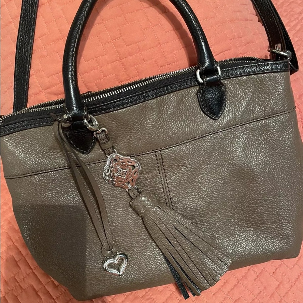 Brighton two-tone Taupe/Black All-Leather Shoulder Crossbody Bag with Tassel